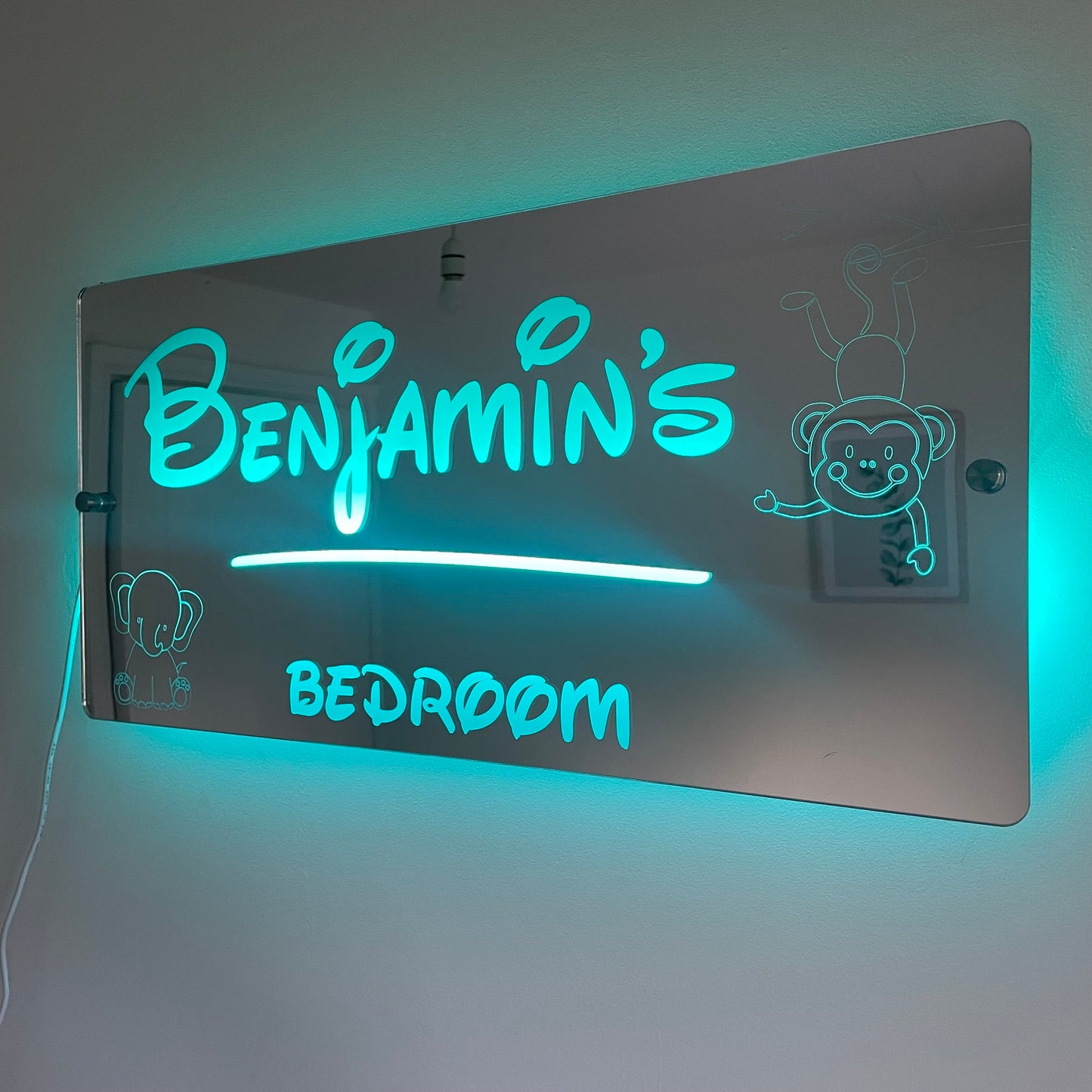 Personalised Teddie LED Name Mirror with remote | LED Light Sign Bedroom Mirror