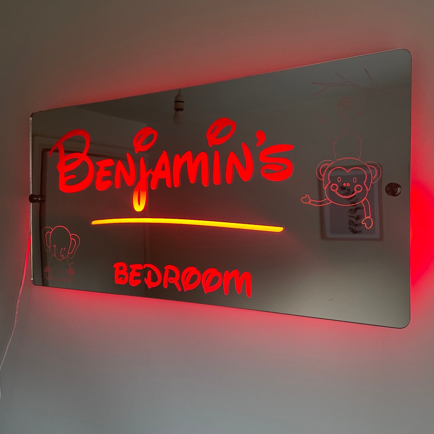 Personalised Teddie LED Name Mirror with remote | LED Light Sign Bedroom Mirror