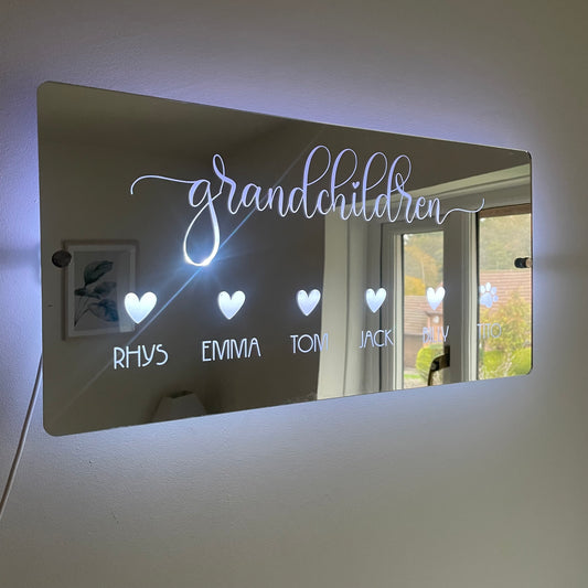 Personalised LED Grandchildren Name Mirror with remote | LED Light Sign | Gift Ideas For Grandparents