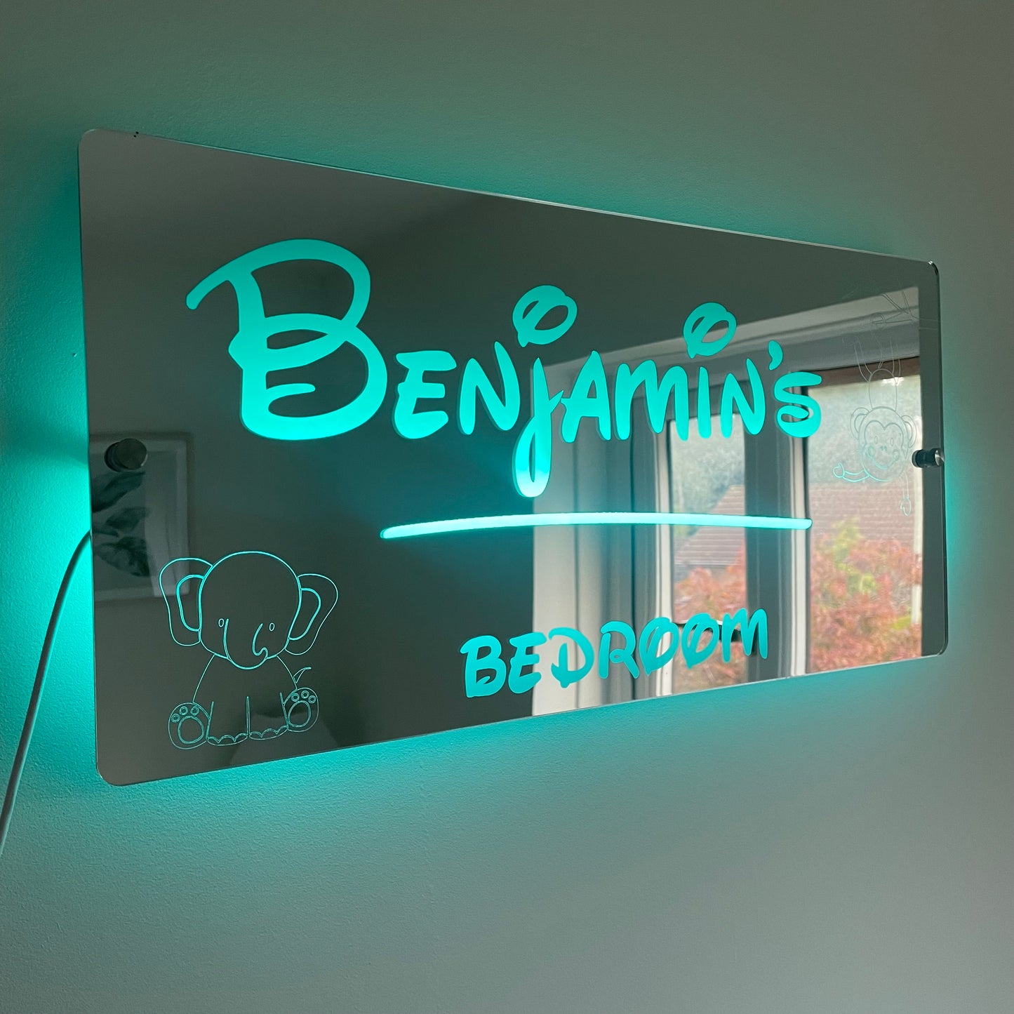 Personalised Teddie LED Name Mirror with remote | LED Light Sign Bedroom Mirror