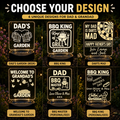 Personalised Solar LED Garden Sign – Gift for Dad or Grandad – BBQ, Beer, Darts & Garden Designs