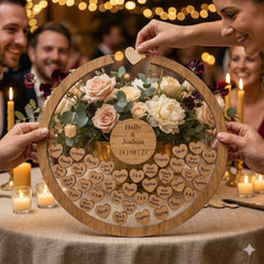 Personalised Round Wedding Guest Book Drop Box – Wooden Heart Memory Frame