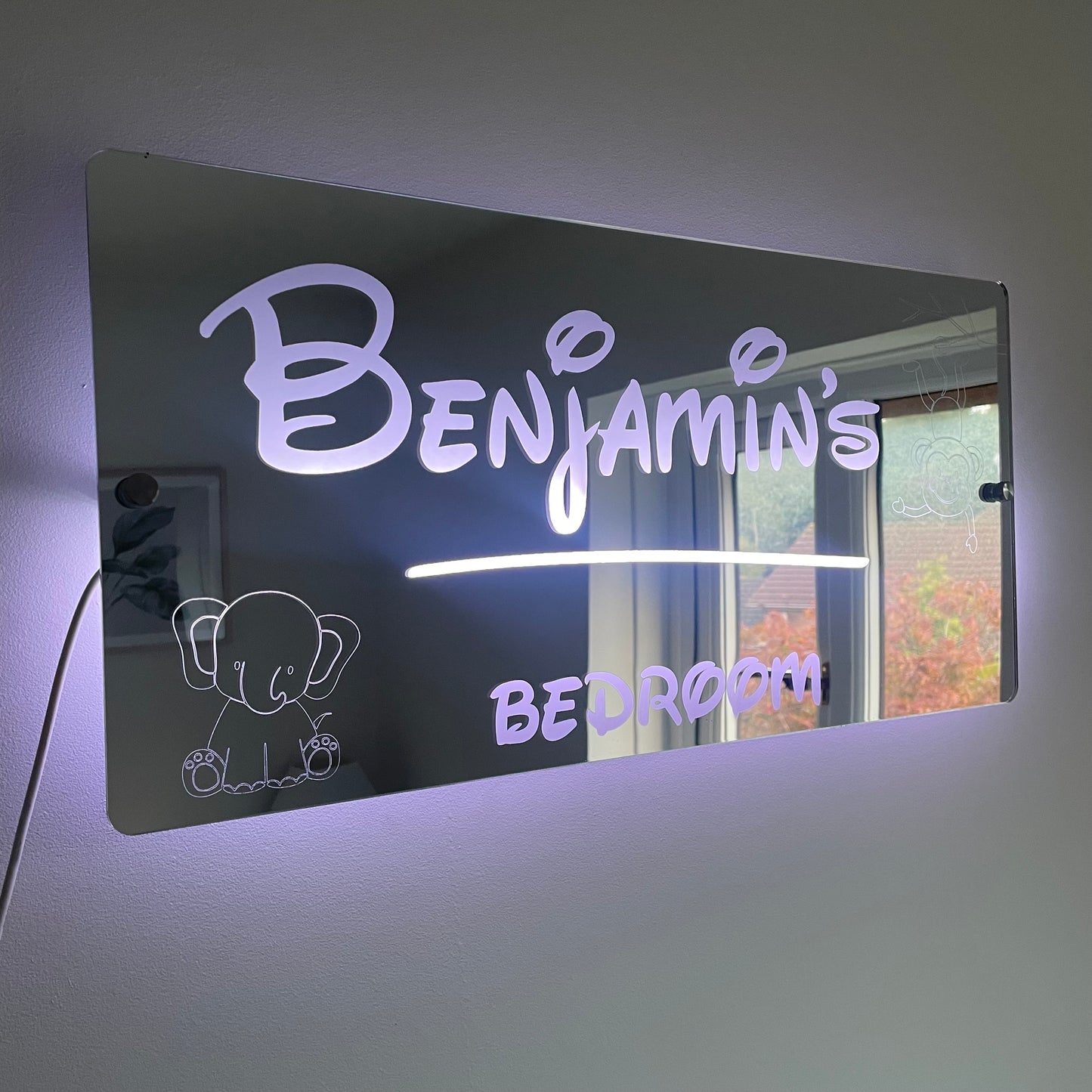 Personalised Teddie LED Name Mirror with remote | LED Light Sign Bedroom Mirror