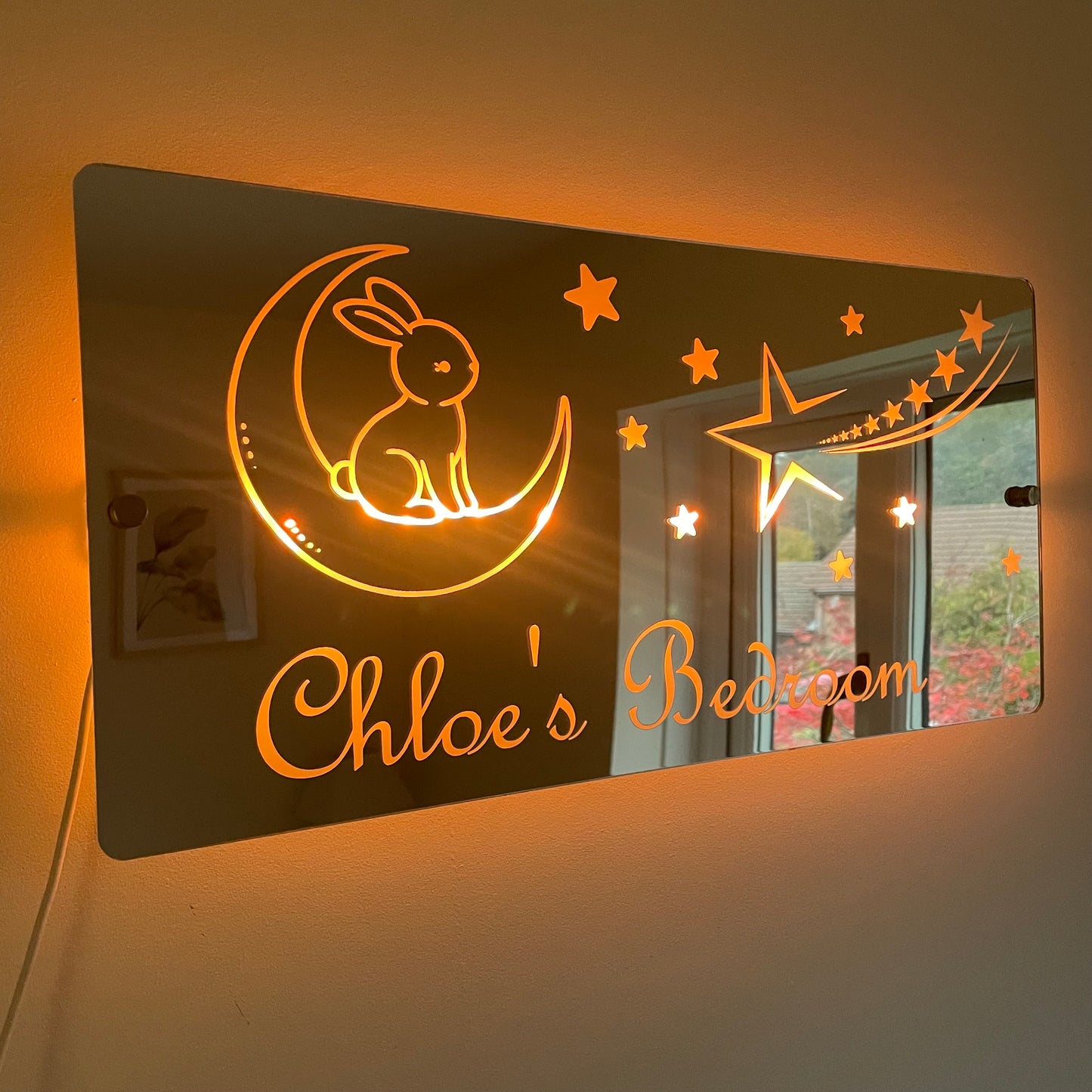 Personalised Bunny and Moon LED Mirror Sign – Custom Kid’s Bedroom Décor