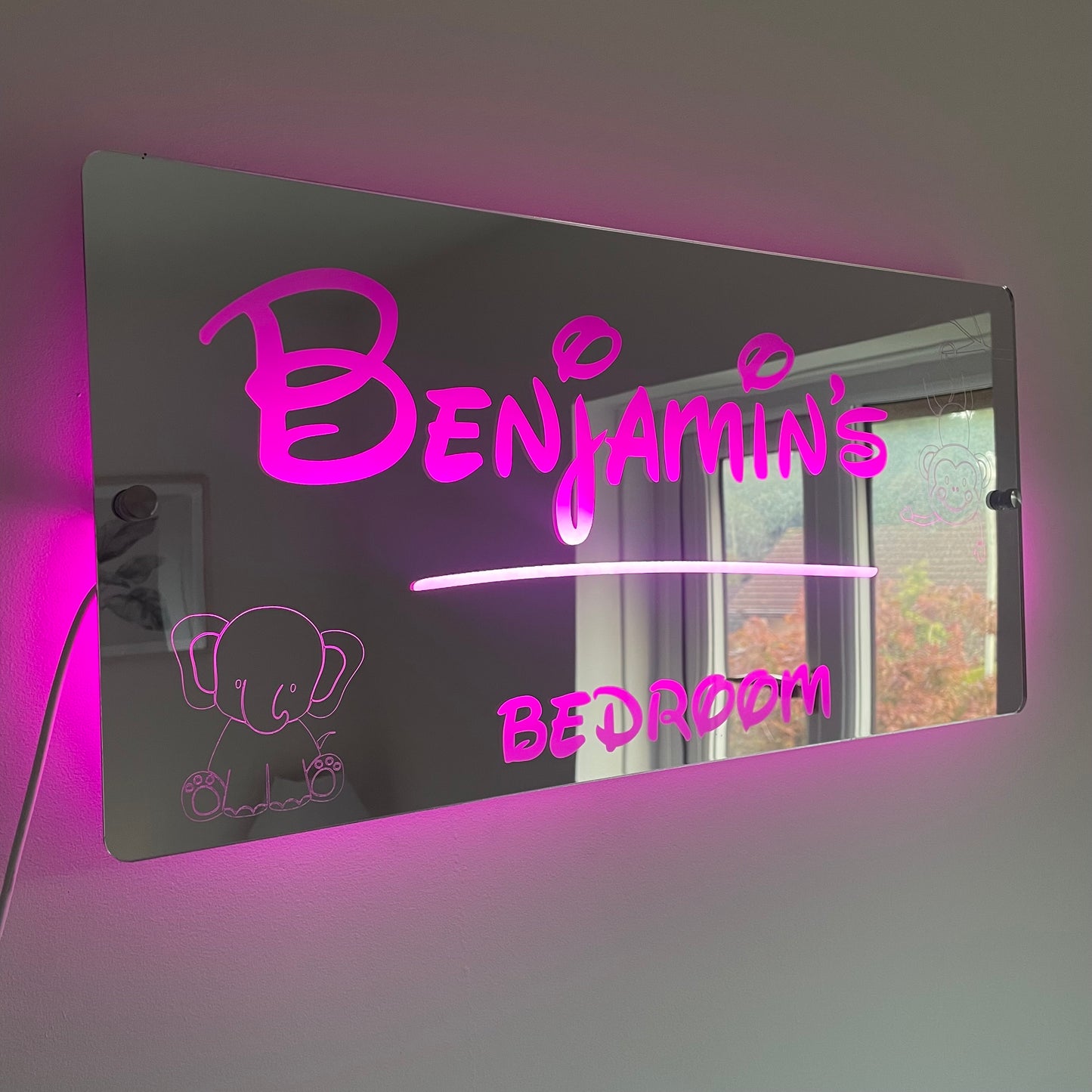 Personalised Teddie LED Name Mirror with remote | LED Light Sign Bedroom Mirror