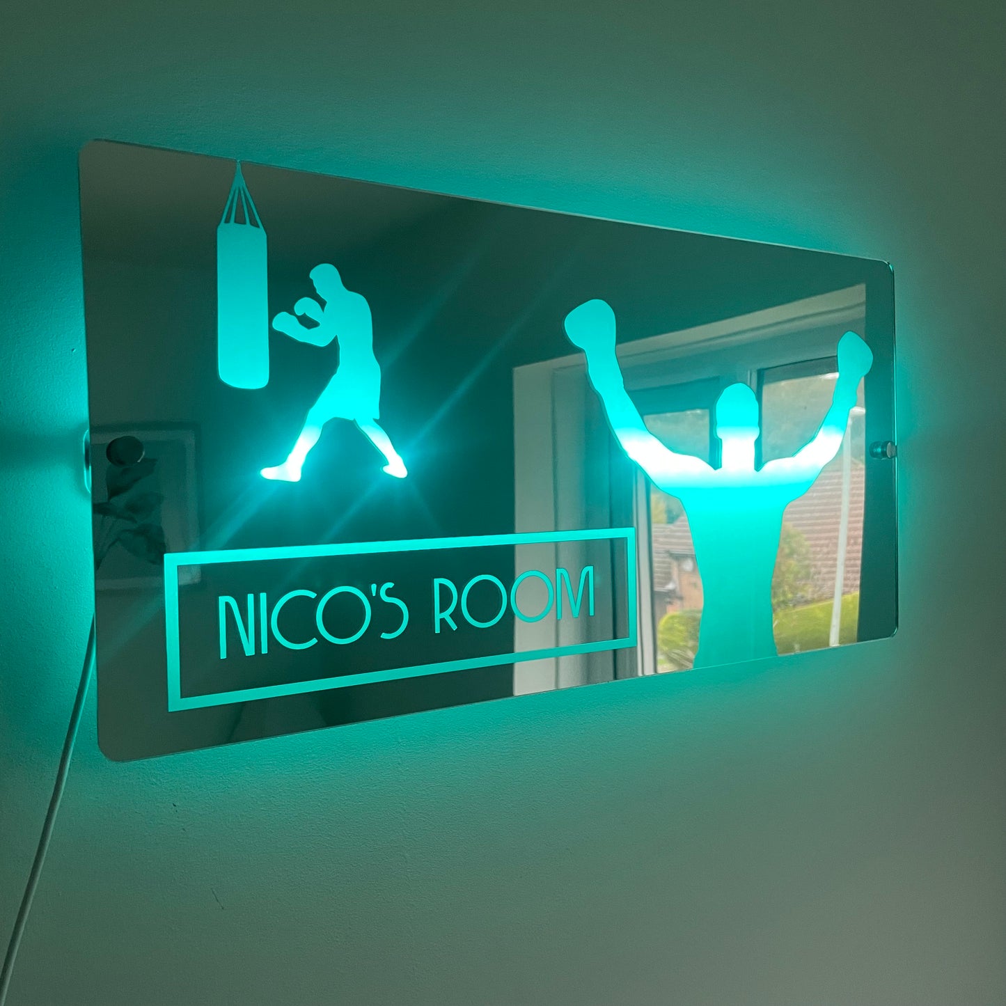 Personalised Boxing Theme LED Name Mirror with remote | LED Light Sign Bedroom Decor