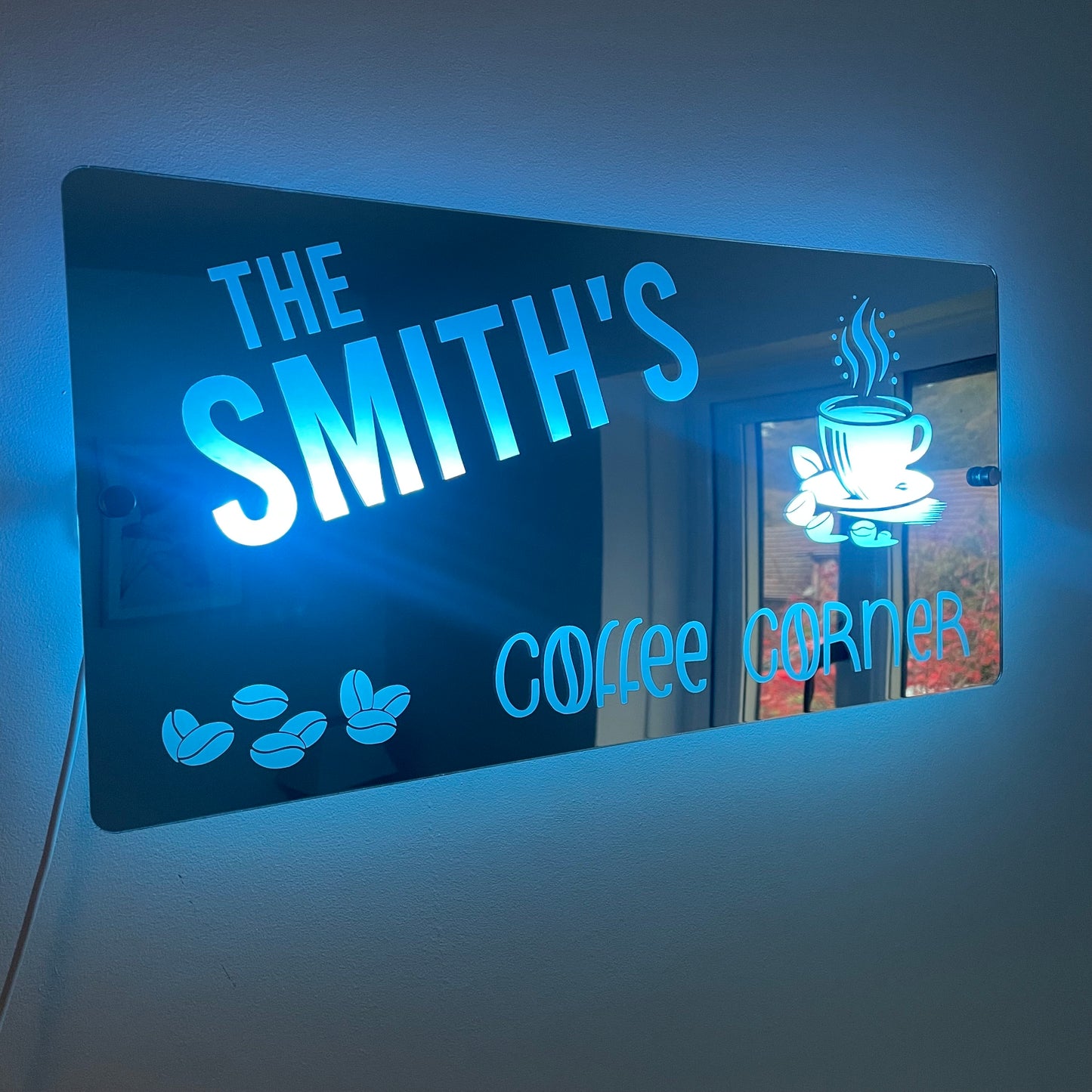 Personalised Coffee Corner LED Mirror Sign – Custom Family Name Café Décor