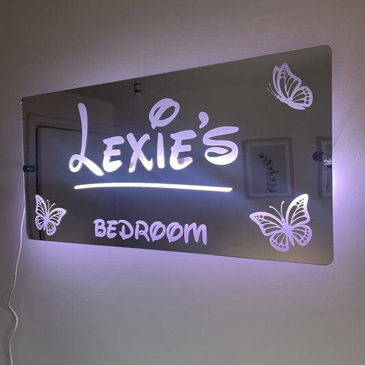 Personalised Butterfly LED Name Mirror with remote | LED Light Sign Bedroom Mirror