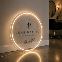 Personalised Illuminated Salon Logo Sign – Round Acrylic LED Wall Sign for Beauty Salon, Clinic, Hair Studio & Aesthetics Reception