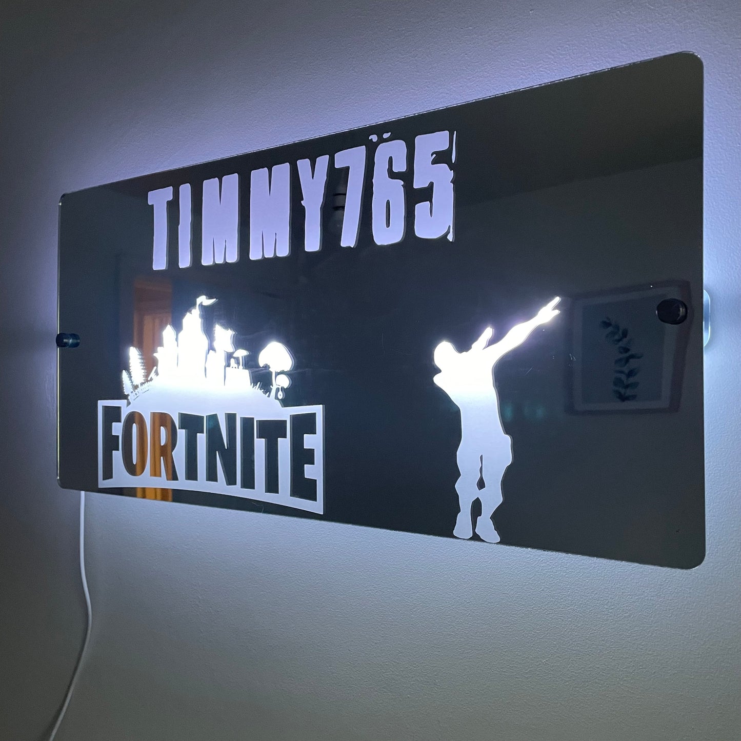 Personalized Fortnite LED Bedroom Mirror Sign – Custom Gamer Tag Wall Light with USB Power