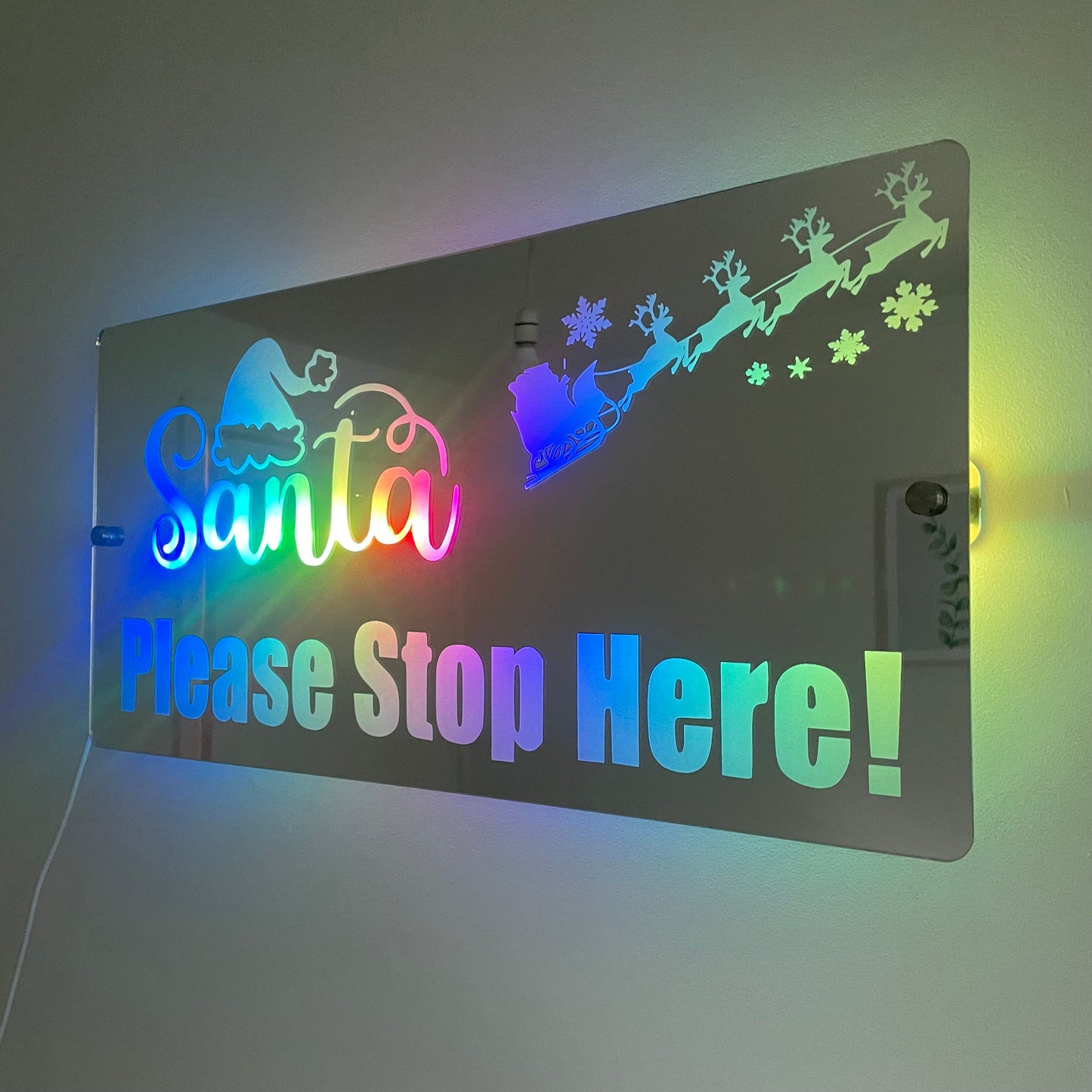 Santa Please Stop Here LED Mirror with remote | LED Light Sign Mirror | Christmas Decor