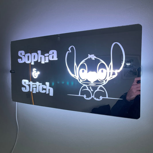 Personalised LED Mirror Sign – "Any name & Stitch" Design with USB Lighting - Lilo & Stitch