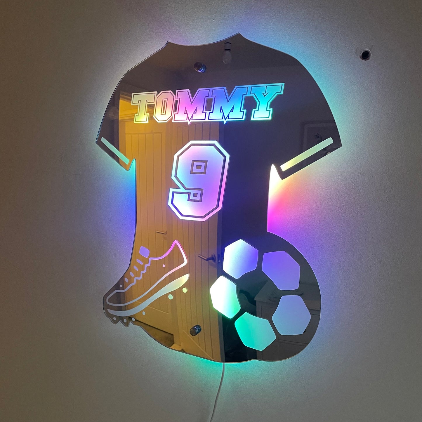 Personalised LED Football Shirt Mirror – Custom Decor for Young Football Fans