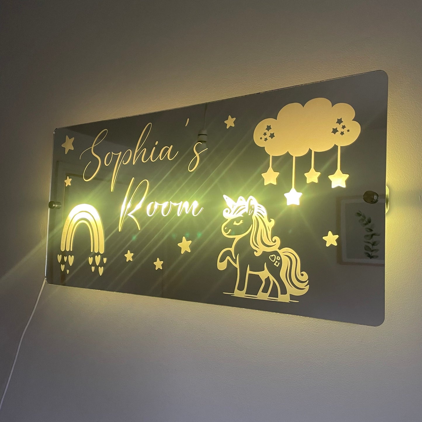 Personalised LED Name mirror | Unicorn & Rainbow theme | LED Light Sign Bedroom Mirror with remote