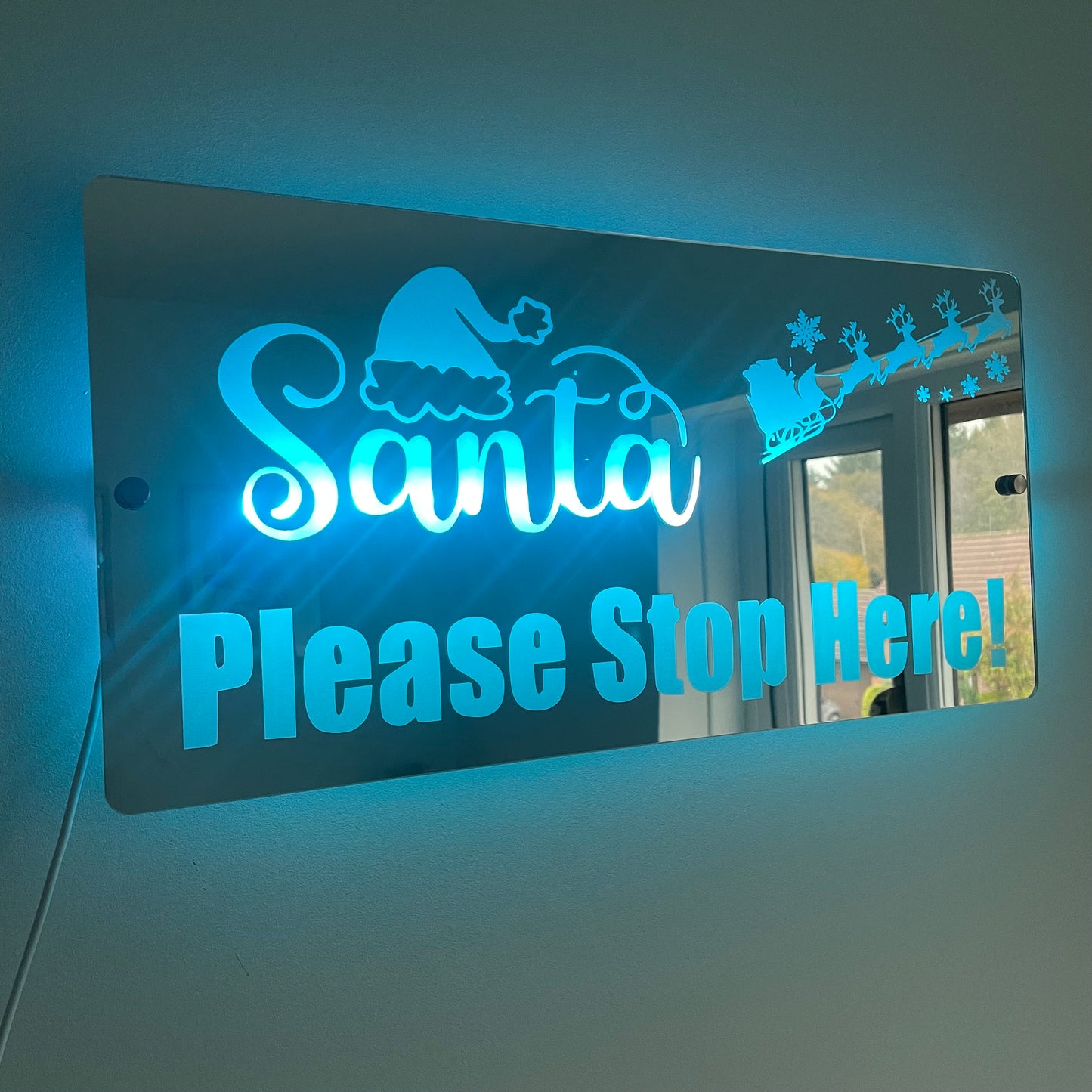 Santa Please Stop Here LED Mirror with remote | LED Light Sign Mirror | Christmas Decor