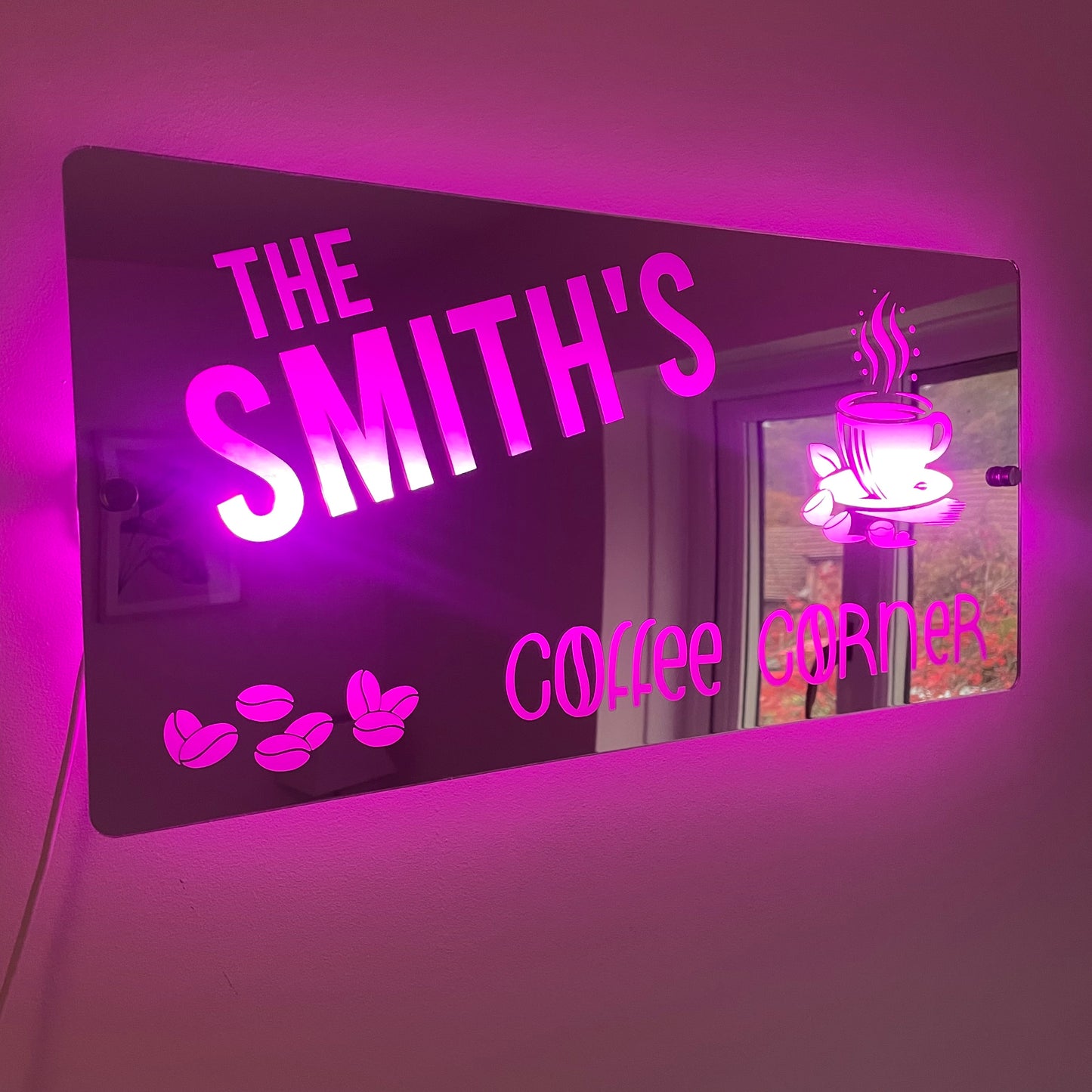 Personalised Coffee Corner LED Mirror Sign – Custom Family Name Café Décor