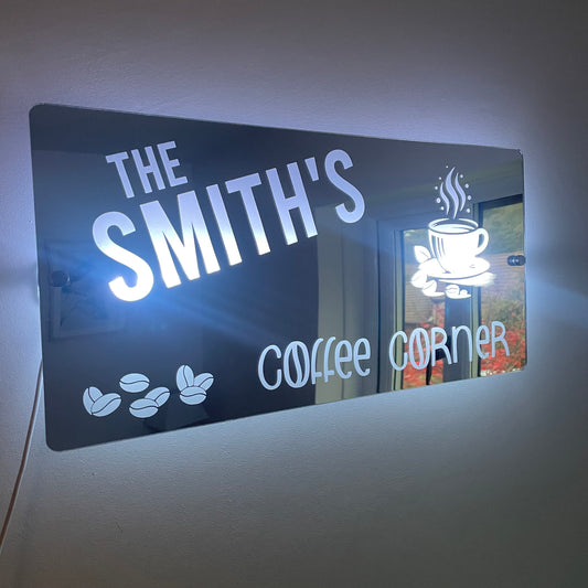 Personalised Coffee Corner LED Mirror Sign – Custom Family Name Café Décor