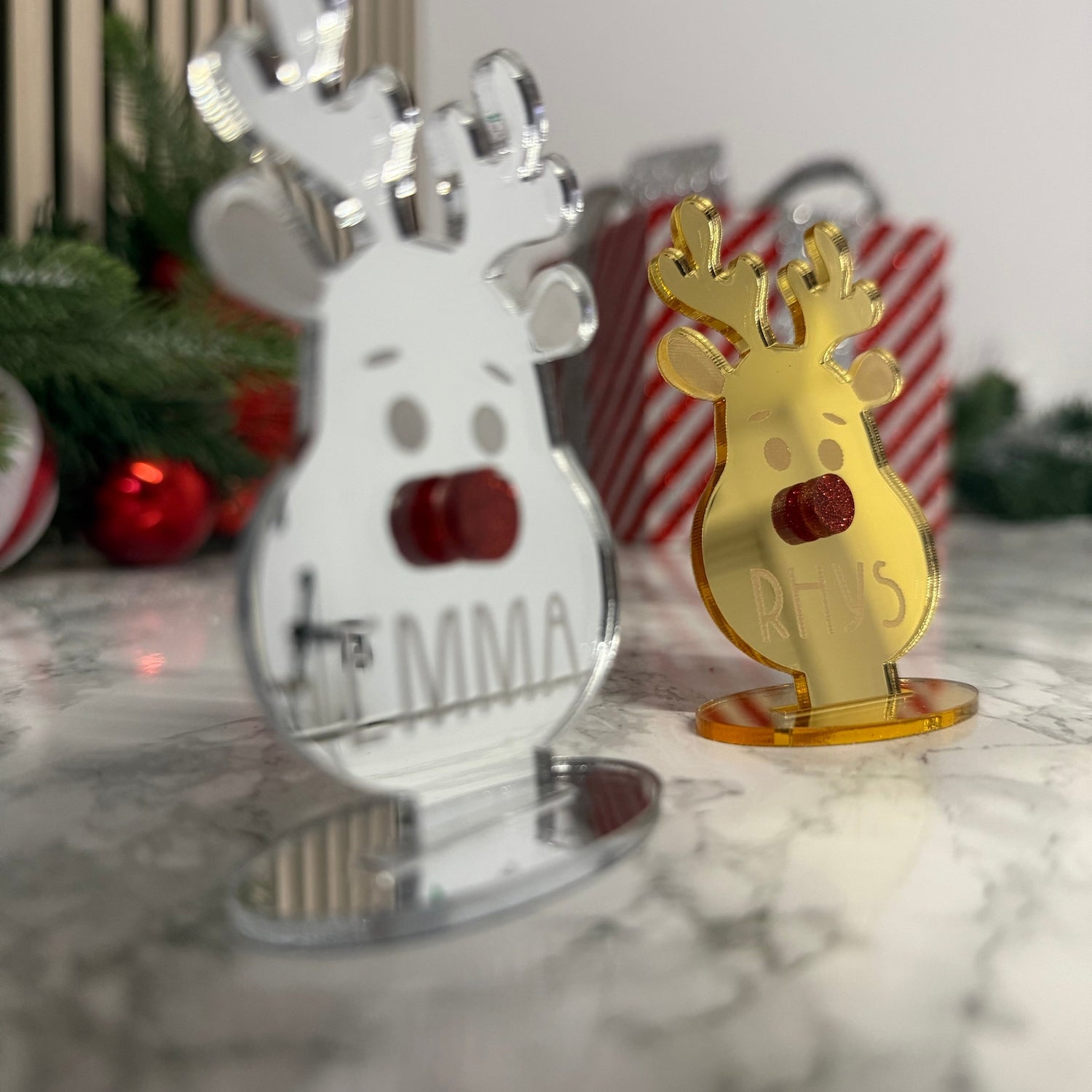 Personalised Reindeer Place Name Decoration – Silver or Gold Mirror The Crafty Bonobo 1