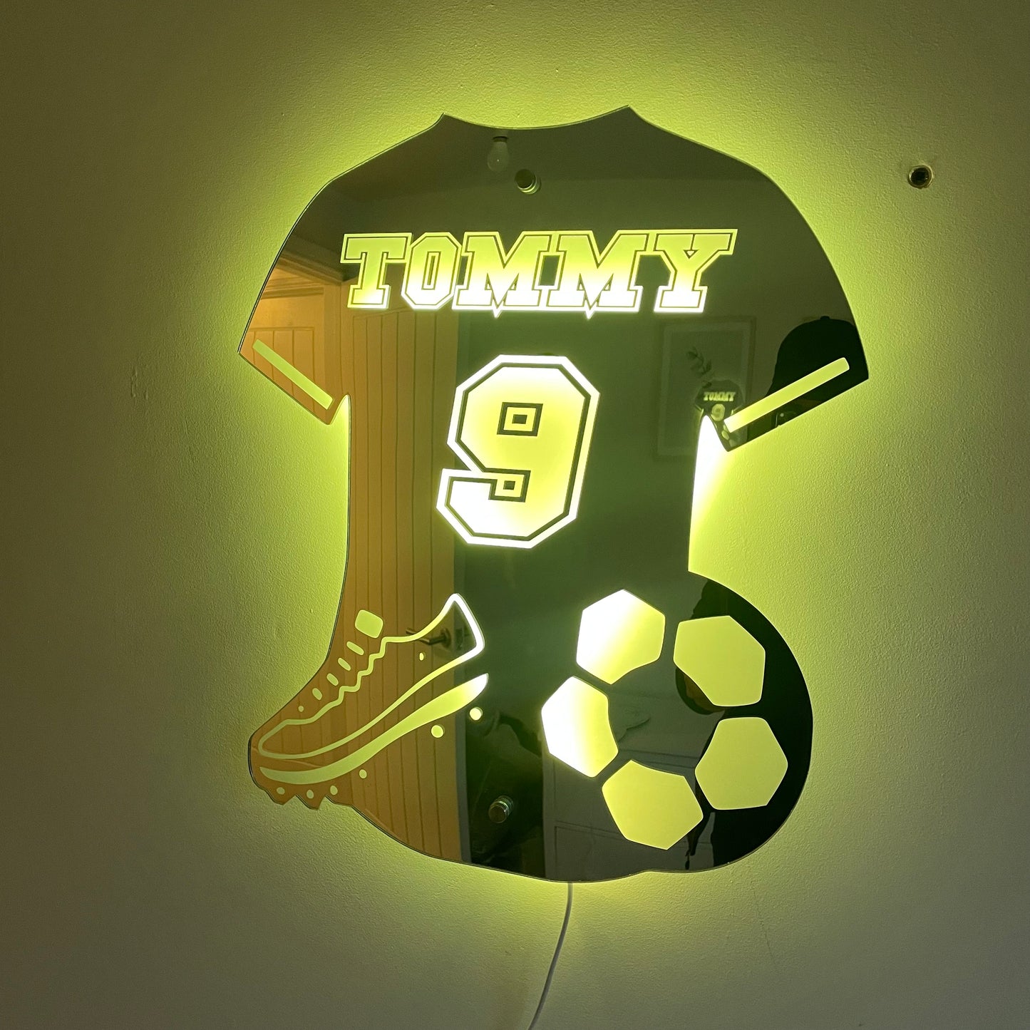 Personalised LED Football Shirt Mirror – Custom Decor for Young Football Fans