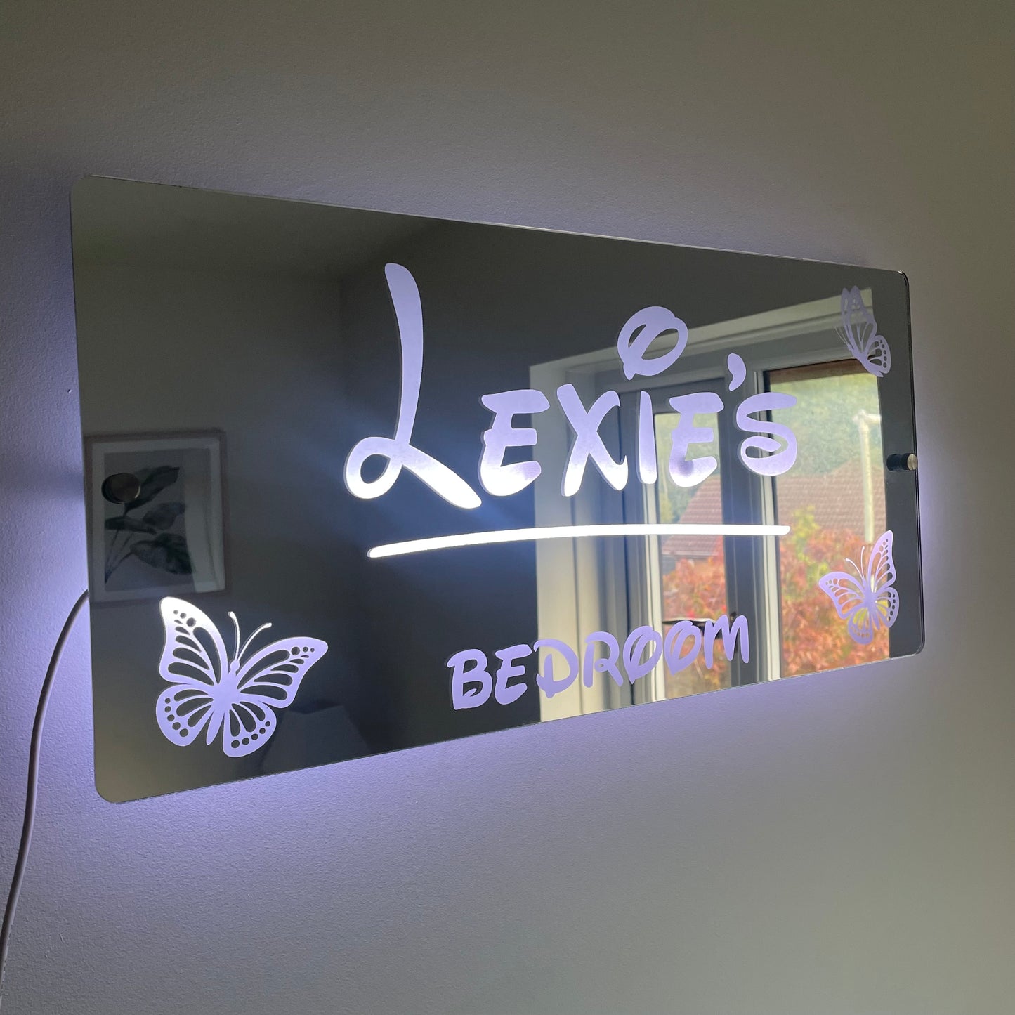 Personalised Butterfly LED Name Mirror with remote | LED Light Sign Bedroom Mirror