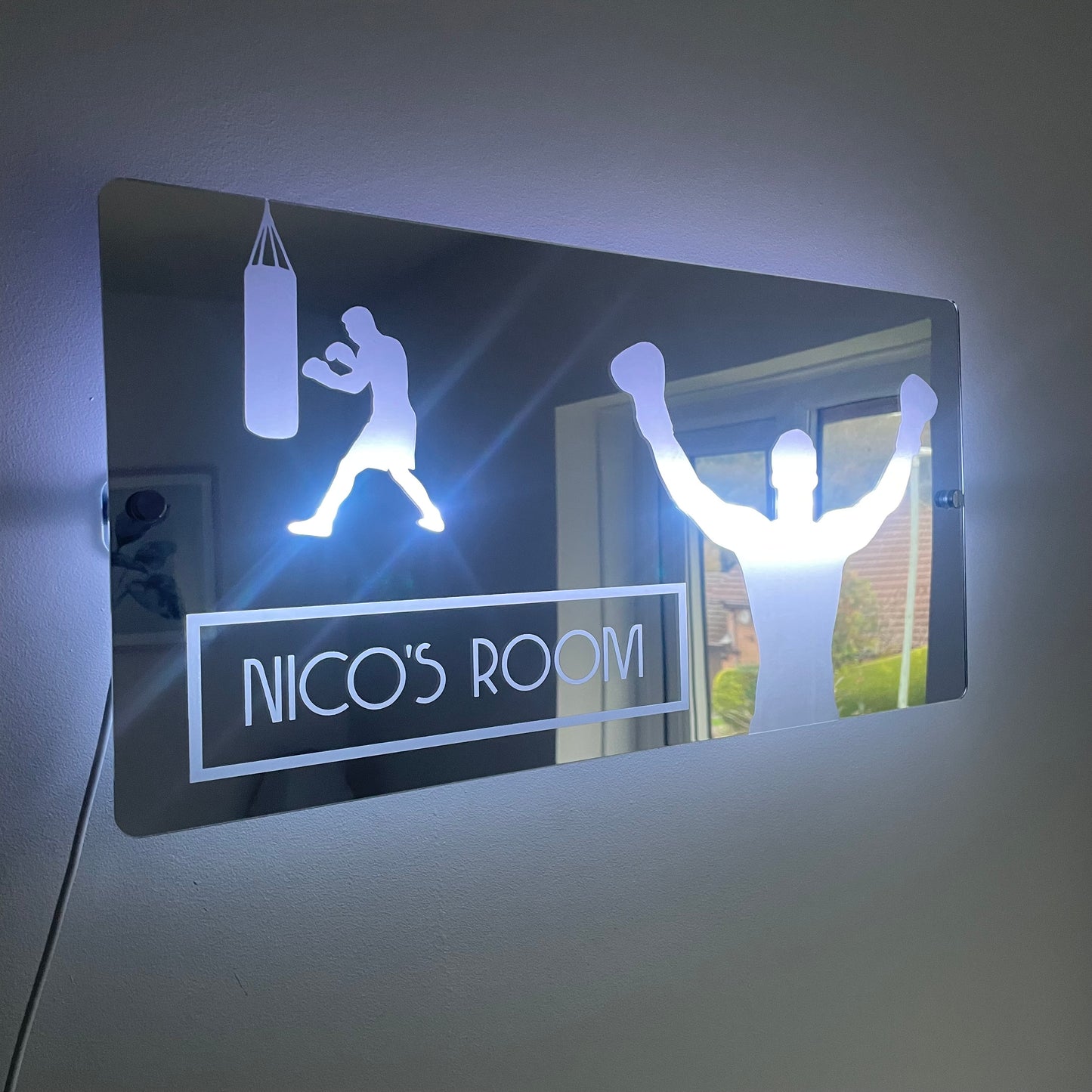 Personalised Boxing Theme LED Name Mirror with remote | LED Light Sign Bedroom Decor