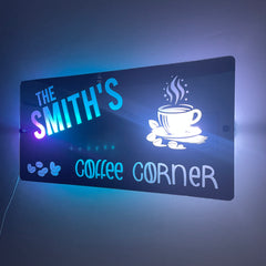 Personalised Coffee Corner LED Mirror Sign – Custom Family Name Café Décor