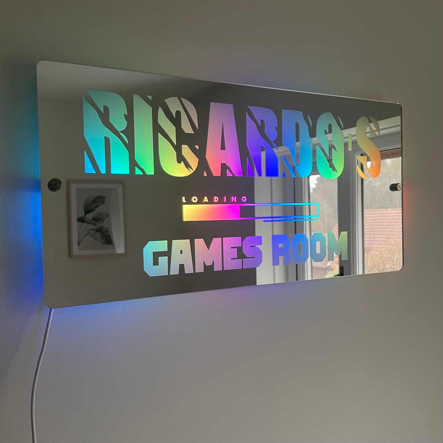 Personalised Games Room LED Name Mirror with remote | LED Light Sign Bedroom Mirror