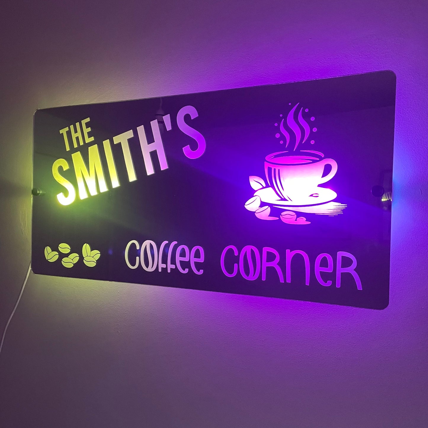 Personalised Coffee Corner LED Mirror Sign – Custom Family Name Café Décor