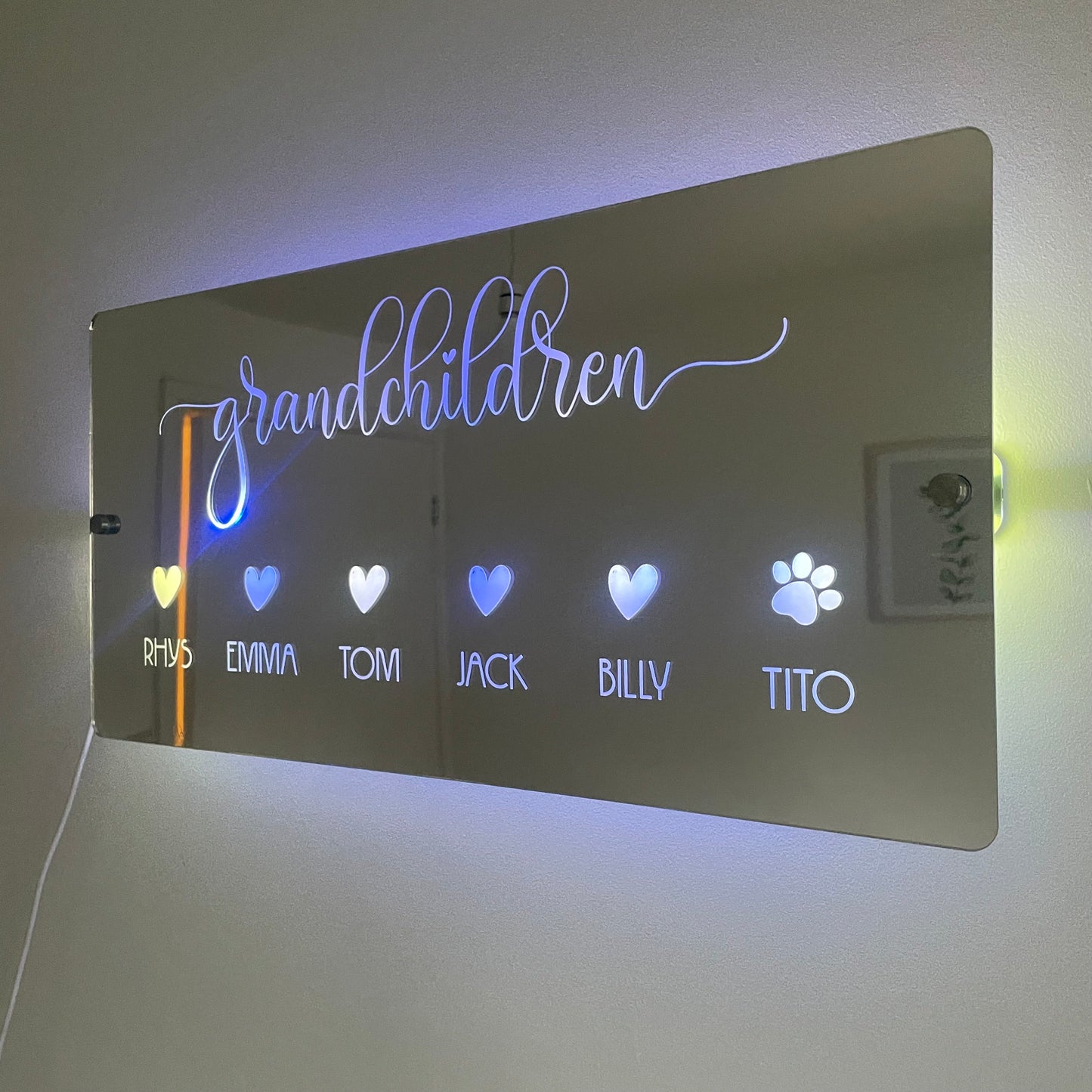 Personalised LED Grandchildren Name Mirror with remote | LED Light Sign | Gift Ideas For Grandparents