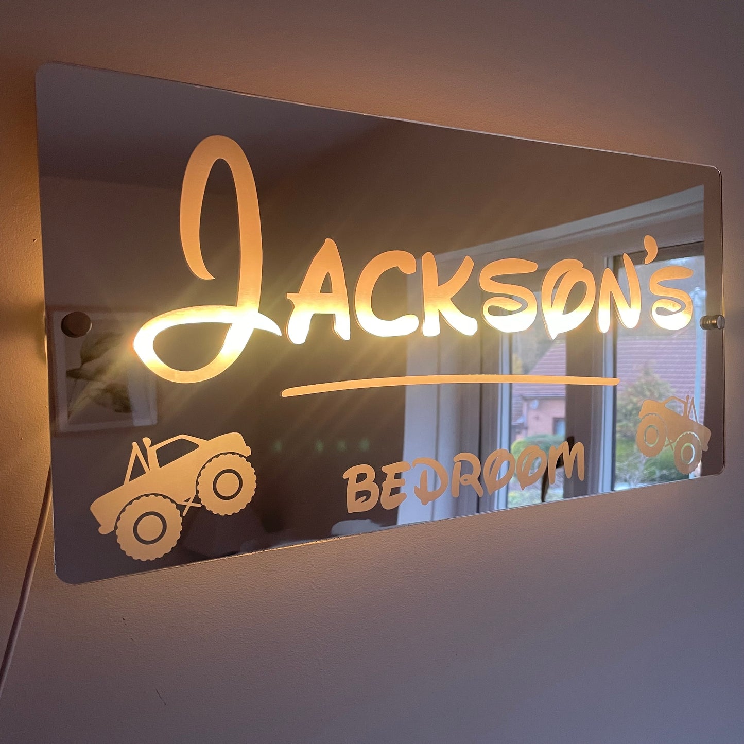 Personalised Monster Truck LED Name Mirror with remote | LED Light Sign Bedroom Mirror