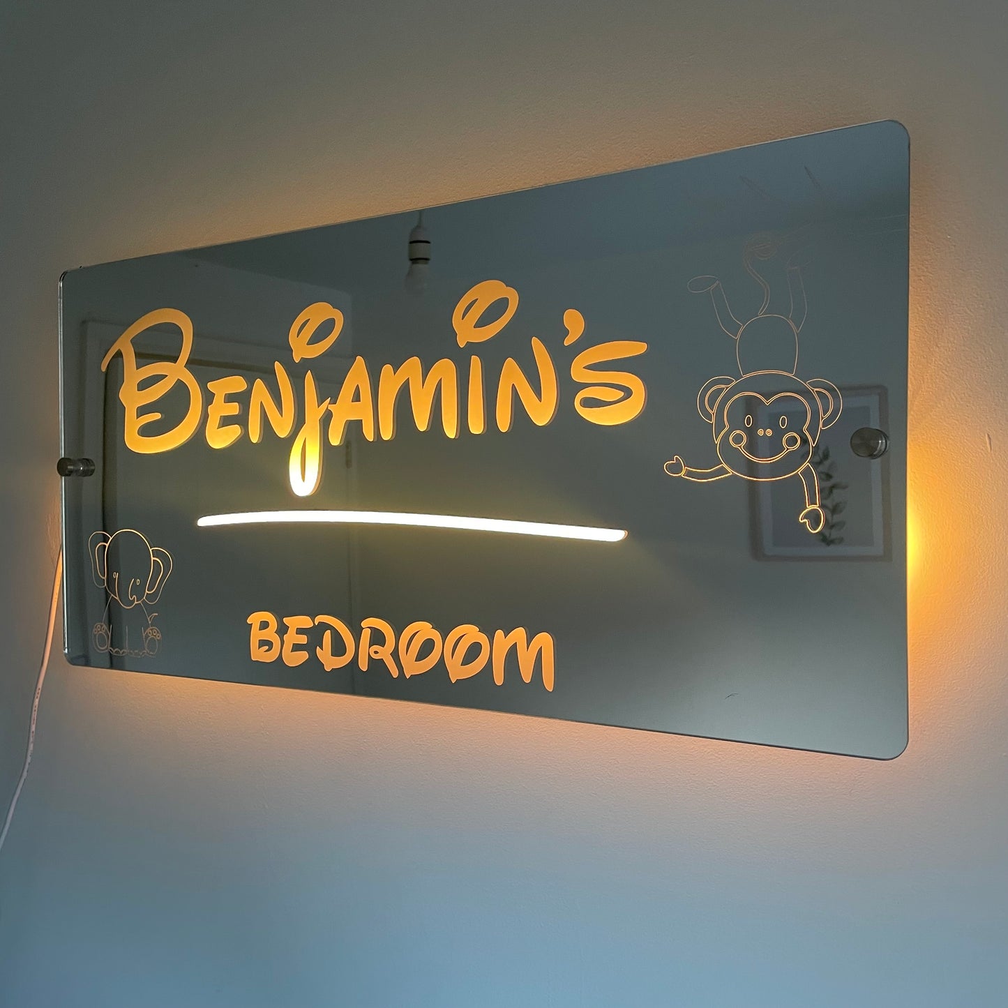 Personalised Teddie LED Name Mirror with remote | LED Light Sign Bedroom Mirror