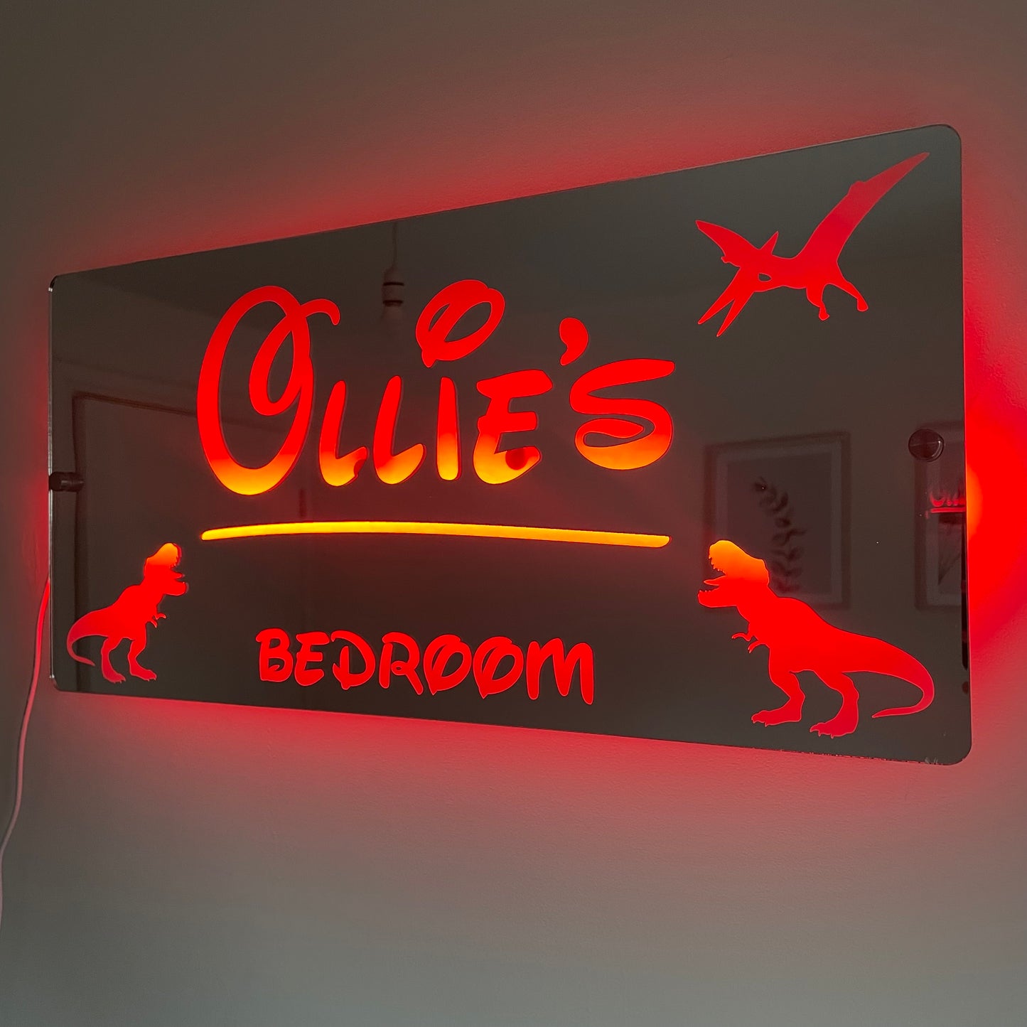 Personalised Dinosaur LED Name Mirror | LED Light Sign Bedroom Mirror with remote