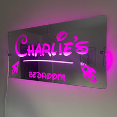 Personalised Rocket LED Name Mirror with remote | LED Light Sign Bedroom Mirror
