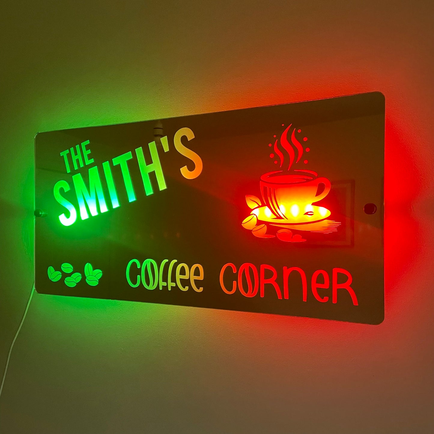 Personalised Coffee Corner LED Mirror Sign – Custom Family Name Café Décor