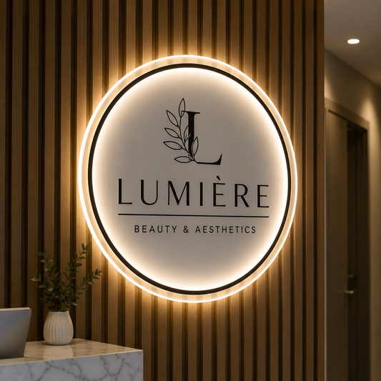 Personalised Illuminated Salon Logo Sign – Round Acrylic LED Wall Sign for Beauty Salon, Clinic, Hair Studio & Aesthetics Reception