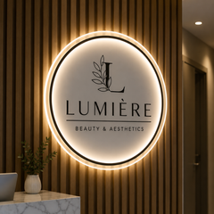Personalised Illuminated Salon Logo Sign – Round Acrylic LED Wall Sign for Beauty Salon, Clinic, Hair Studio & Aesthetics Reception