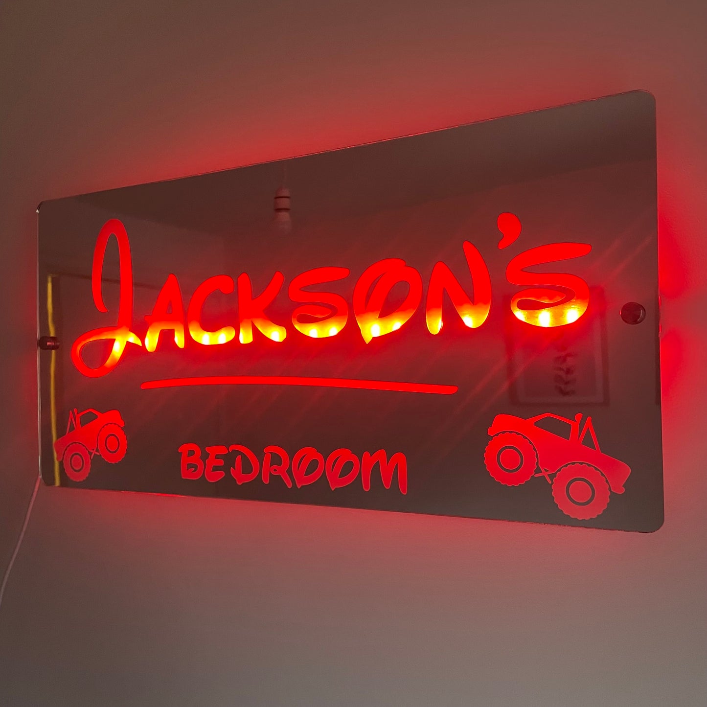 Personalised Monster Truck LED Name Mirror with remote | LED Light Sign Bedroom Mirror