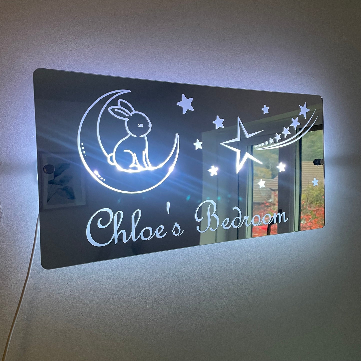 Personalised Bunny and Moon LED Mirror Sign – Custom Kid’s Bedroom Décor