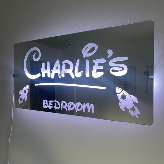 Personalised Rocket LED Name Mirror with remote | LED Light Sign Bedroom Mirror