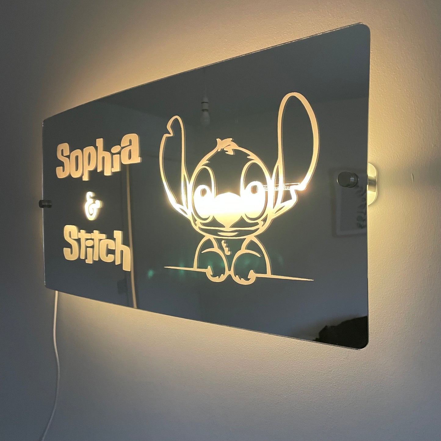 Personalised LED Mirror Sign – "Any name & Stitch" Design with USB Lighting - Lilo & Stitch