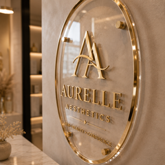 Personalised Circular Acrylic Business Logo Sign – Gold Mirror on Clear Acrylic | Salon | Beauty | Clinic
