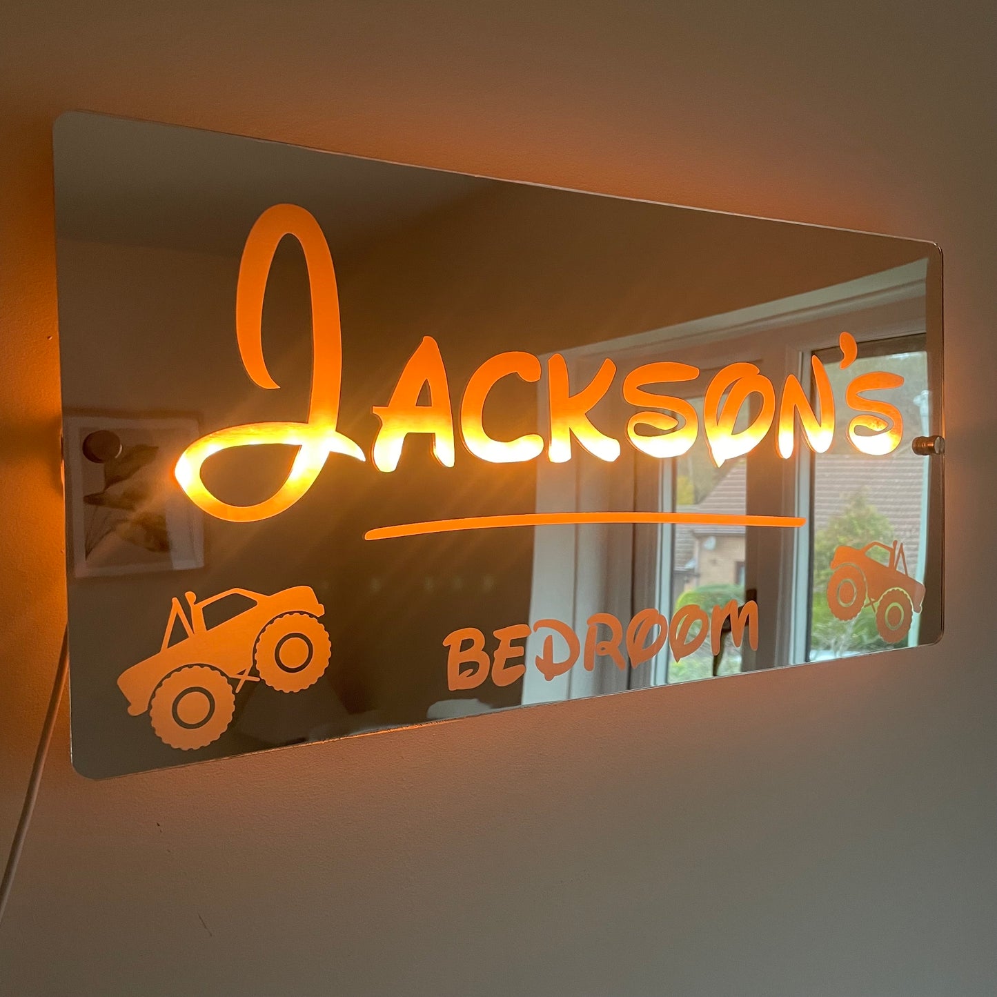 Personalised Monster Truck LED Name Mirror with remote | LED Light Sign Bedroom Mirror