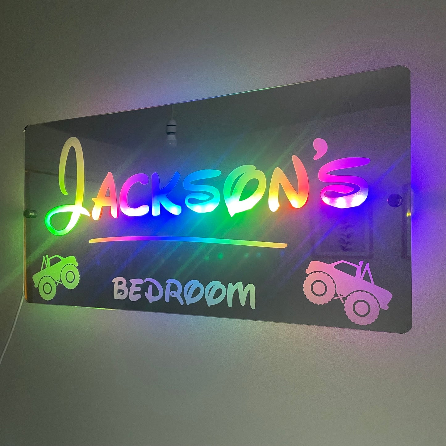 Personalised Monster Truck LED Name Mirror with remote | LED Light Sign Bedroom Mirror