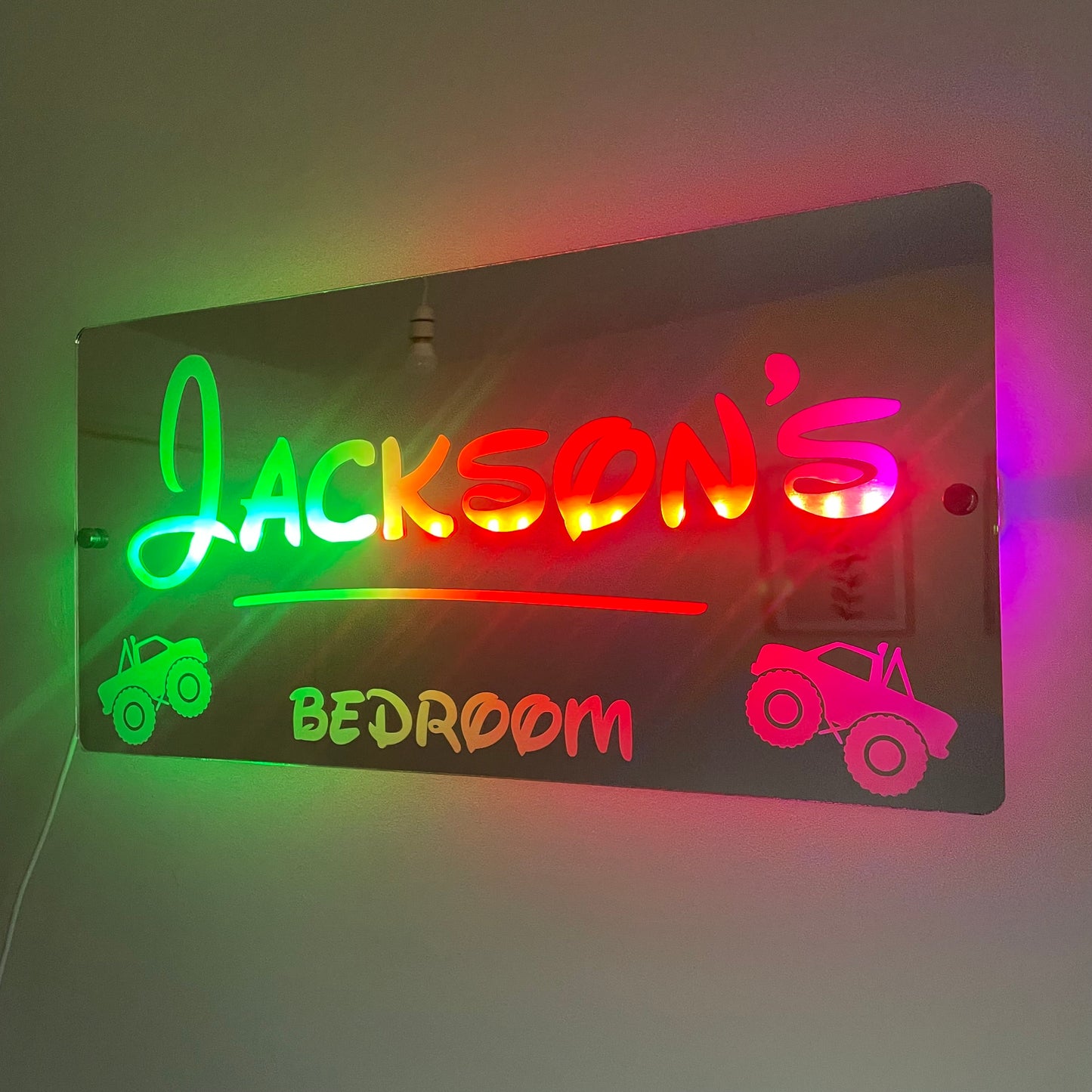 Personalised Monster Truck LED Name Mirror with remote | LED Light Sign Bedroom Mirror