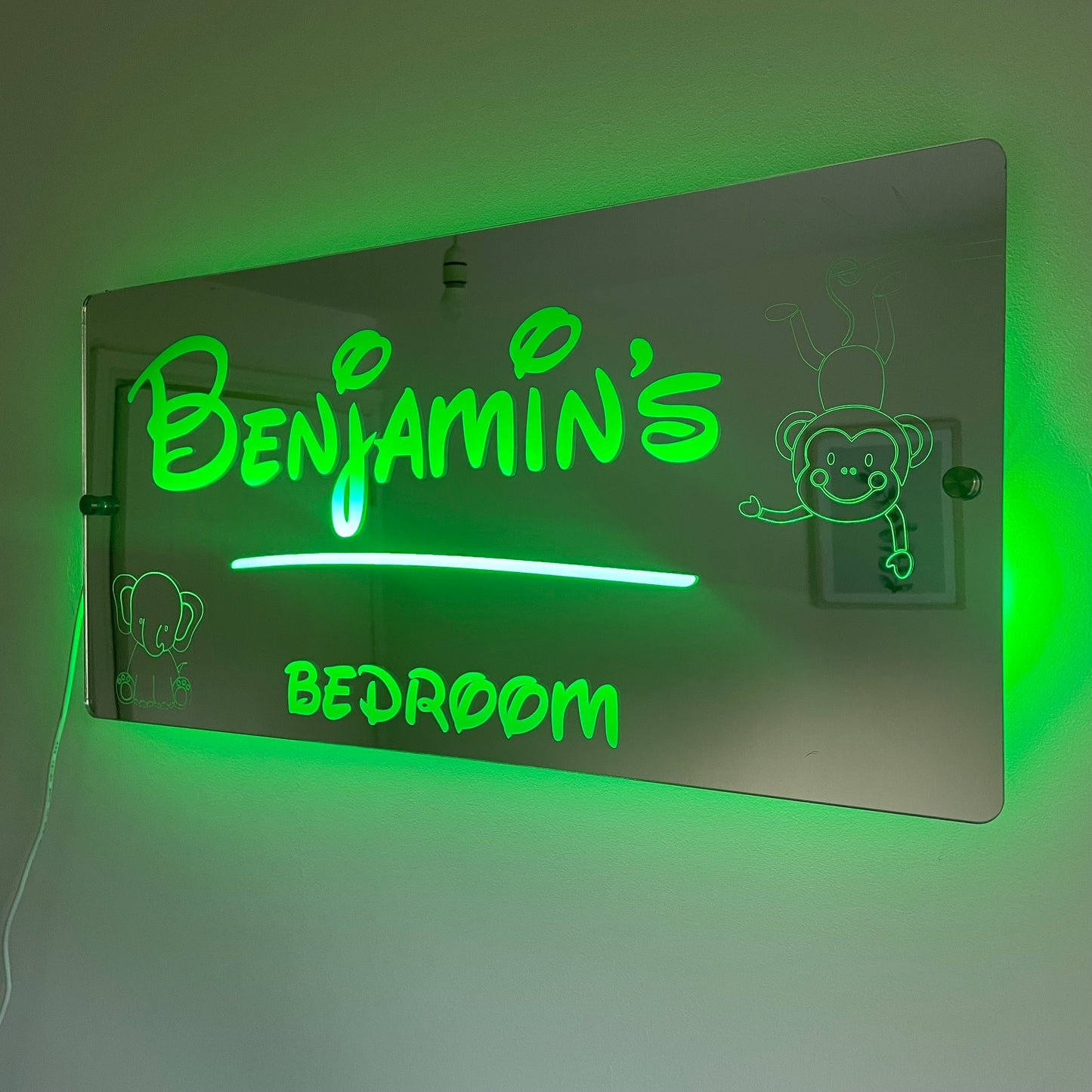 Personalised Teddie LED Name Mirror with remote | LED Light Sign Bedroom Mirror