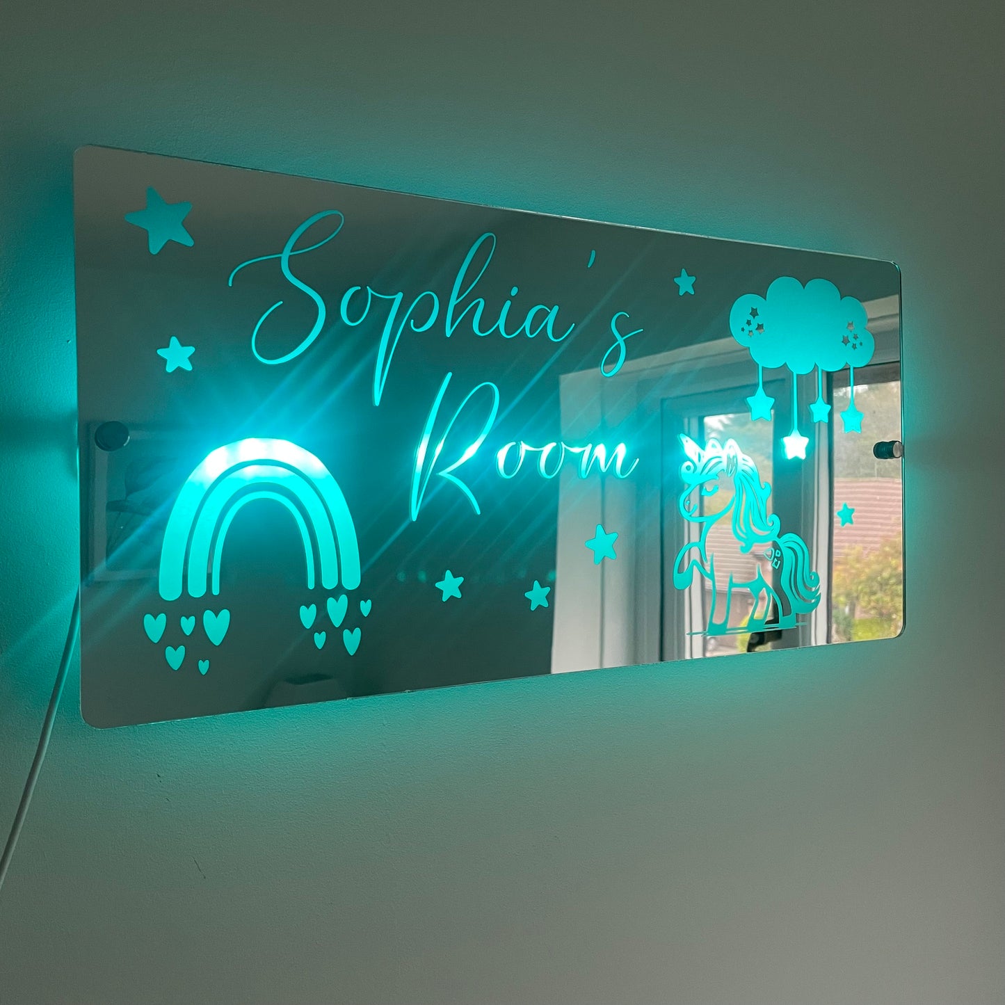 Personalised LED Name mirror | Unicorn & Rainbow theme | LED Light Sign Bedroom Mirror with remote