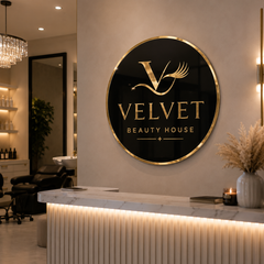 Personalised Circular Business Logo Sign – Gold Mirror on Gloss Black Acrylic | Salon | Beauty | Clinic