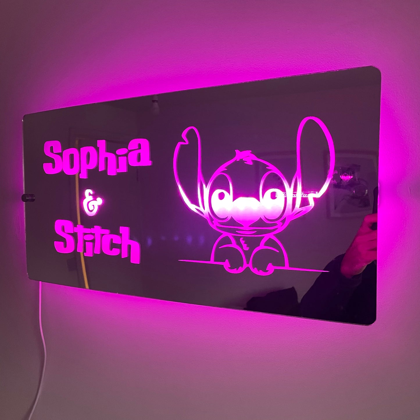 Personalised LED Mirror Sign – "Any name & Stitch" Design with USB Lighting - Lilo & Stitch