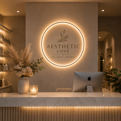 Personalised Illuminated Salon Logo Sign – Round Acrylic LED Wall Sign for Beauty Salon, Clinic, Hair Studio & Aesthetics Reception