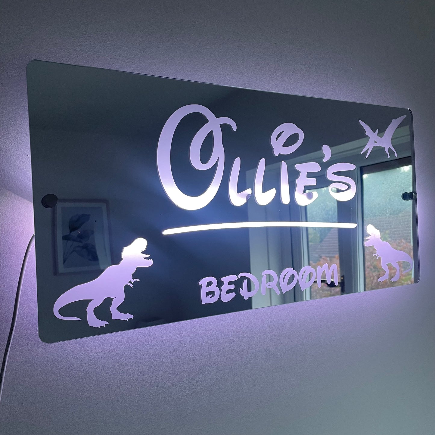 Personalised Dinosaur LED Name Mirror | LED Light Sign Bedroom Mirror with remote